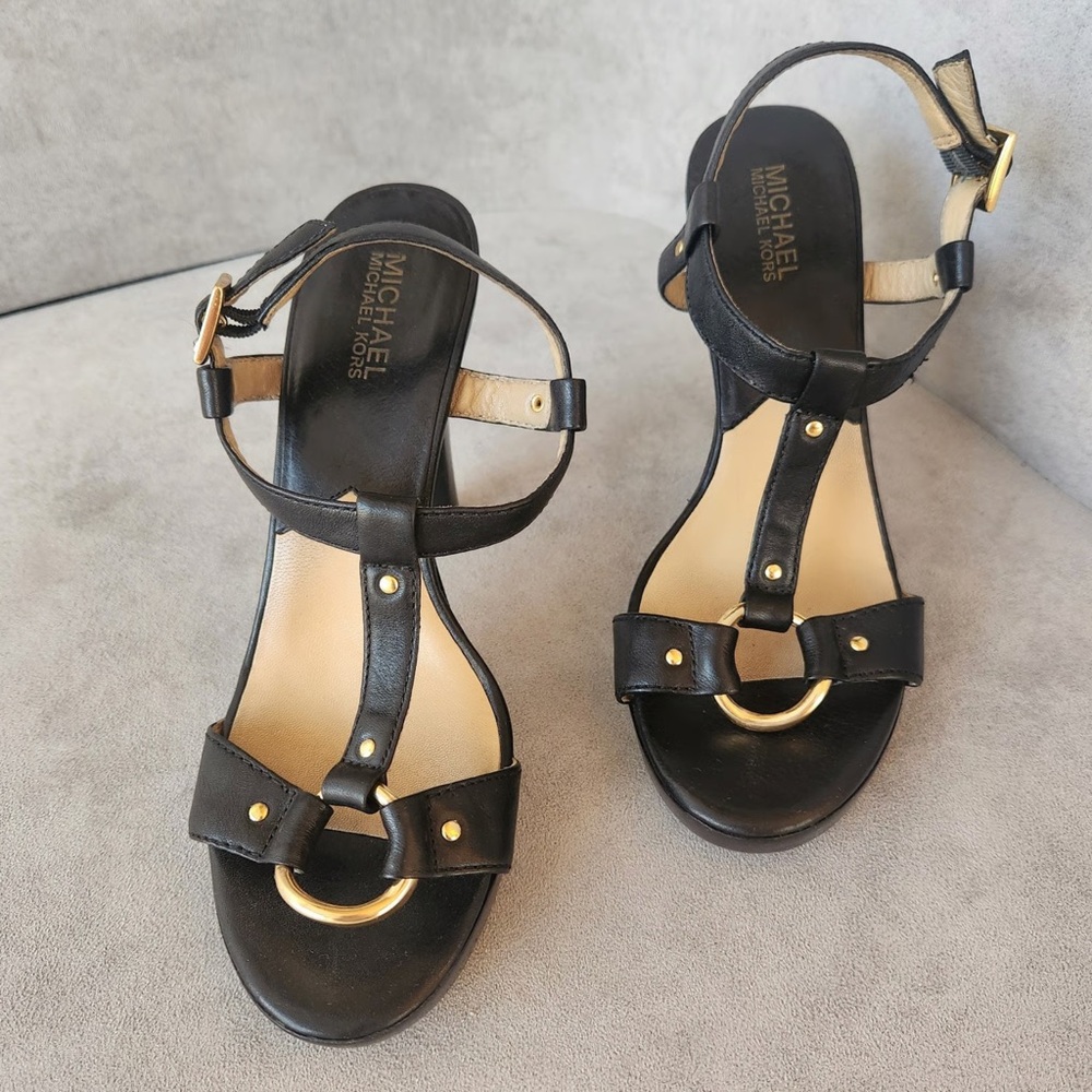 Michael Kors Black Leather T Strap Heels Size 7.5